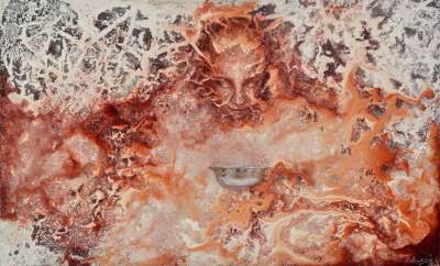 2017 - 36" x 60" - techniques mixtes sur panneau (huile, acrylique, argenterie (Hotel Reine Elizabeth) et cristaux du lustre de la chambre 1742 de l’Hotel Reine Elizabeth)