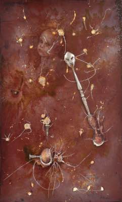 2017 - 60" x 36" - techniques mixtes sur panneau (huile, acrylique, argenterie (Hotel Reine Elizabeth) et cristaux du lustre de la chambre 1742 de l’Hotel Reine Elizabeth)